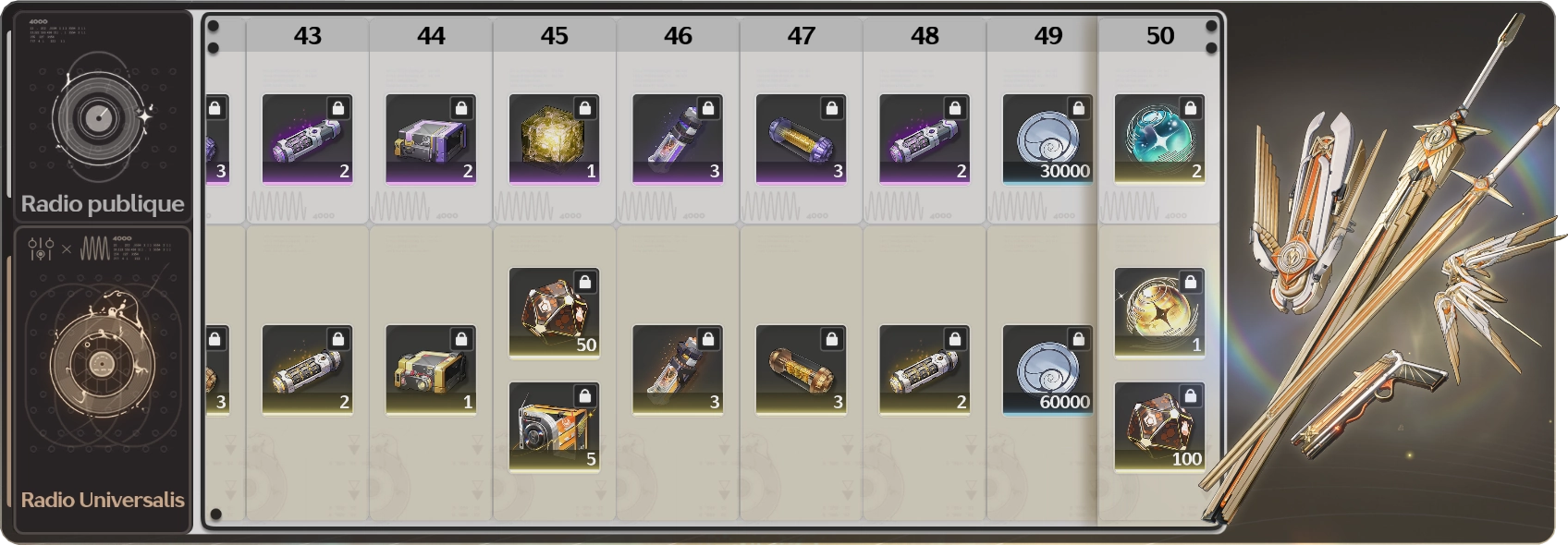 Battle Pass Wuthering Waves arme 4 étoiles matériaux montée