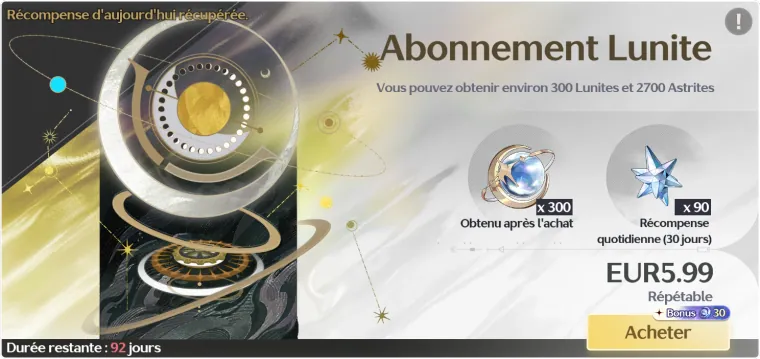 Abonnement Lunite mensuel meilleur pack Wuthering Waves tier S+